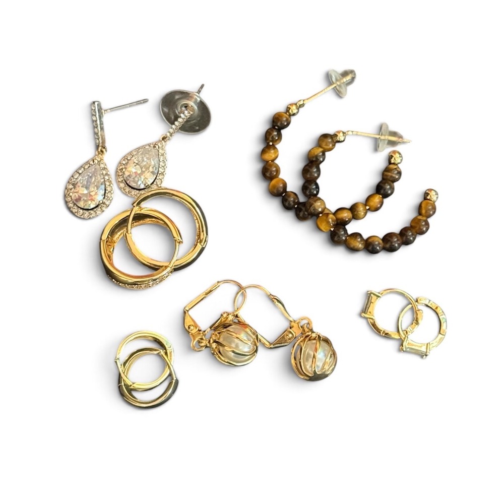 6 Pair Earring Lot Gold Tone Tigers Eye Crystal Teardrop Pearl Cage Hoops Huggie